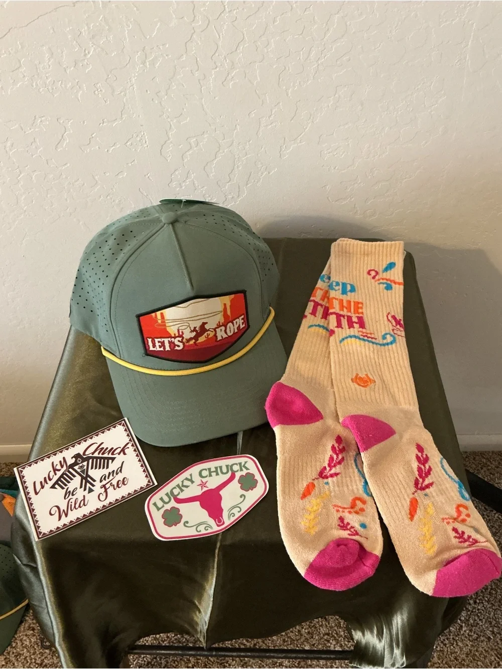 Bundle of “Lucky Chuck” Cap, Socks, & Stickers